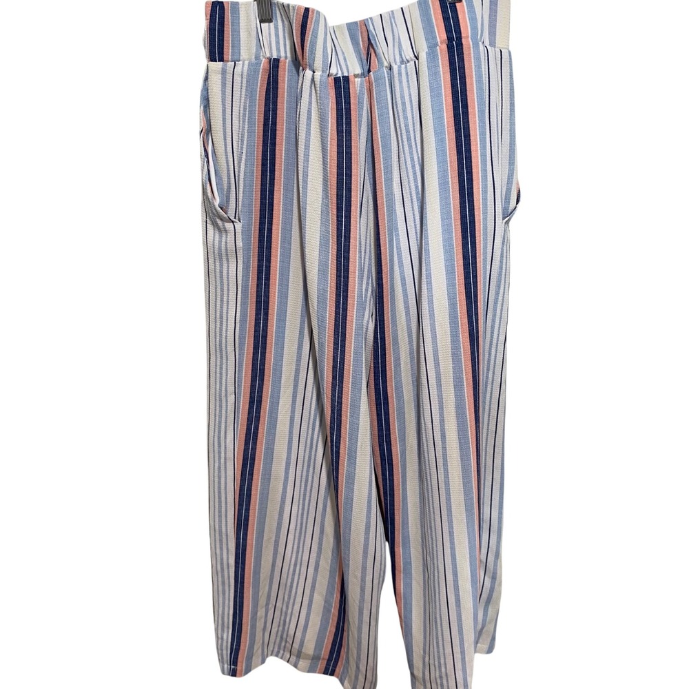 Studio JPR Womens XL Wide Leg Crop Pants Blue Pink Striped Nautical Button Trim - Picture 6 of 11
